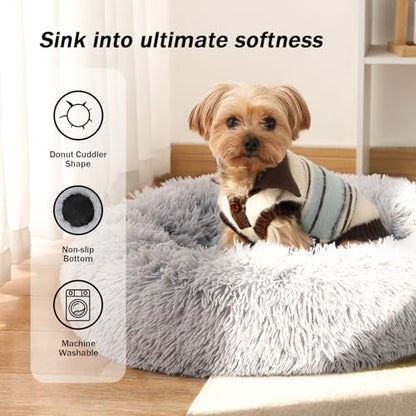 NOYAL Calming Donut Dog Bed for Small to Medium Dogs & Cats - Plush Faux Fur Anti-Anxiety Pet Bed with Machine Washable Cover & Non-Slip Base - color: Light gray, size: X-Small 15.7''