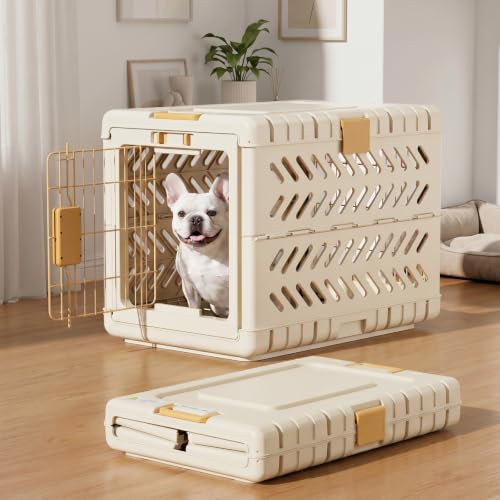 Collapsible Dog Crate for Small/Medium Dogs - 28" L Foldable Dog Cage No-Tool Assembly, Travel Dog Crate with 2 Wheels - Easy to Carry, Space-Saving, Indoor Outdoor Use, Cream, 28”L*18.3”W*20.9”H - color: Cream, size: 28.0"L x 18.3"W x 20.9"H