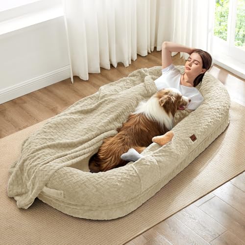 ChiXnuggle Orthopedic Human Dog Bed,with Faux Fur Washable Cover,Blanket | linen,72*40*10,giant dog bed for adult or extra large dogs,egg crate foam,non-slip bottom - color: Linen, size: Human Dog Bed (72x40x10)