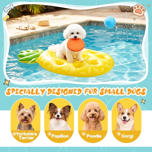 AceOrbit 6-in-1 Pineapple Dog Pool Float for Small Dogs Puppy, Inflatable Pet Float with Flying Disc, Balls & Towel, Cute Puppy Pool Raft for Water Play Party, 17.7'' x 29.5'', Supports up to 11 Lbs
