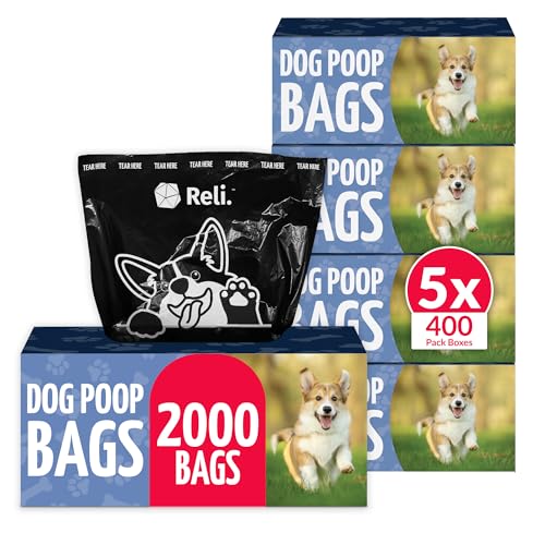 Reli. Dog Poop Bags (2000 Pack, 5 Large Rolls) | 9"x13" Large Poop Bags for Dogs | Unscented, Leak Proof for Doggie/Pet Waste Clean Up | Black | Dispenser Box | Bulk