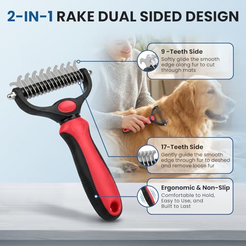 Double-Sided Pet Grooming Rake - 4-in-1 Professional Pet Grooming Kit Deshedding Dematting Tool for Dogs Cats Extra-Wide Grooming Brush & Deshedder Comb for Long & Short Haired Pets (Red Kit 4PCS) - color: Red