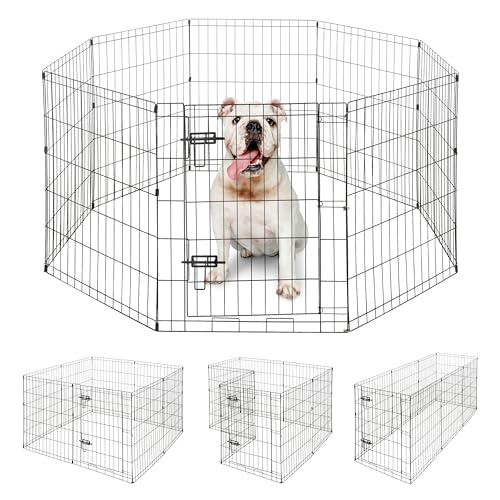 BOWHAUS Foldable Outdoor/Indoor Pet Playpen with Gate, Available in 30 Inch Height Metal Portable Kennel, Heavy-Duty Exercise Fence Cage 8 Panels for Medium Dog, Animals - style: 30 Inch