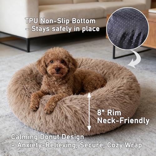 Calming Donut Dog Beds for Small Dogs Kitten - Washable Removable Cover Non-Slip Bottom, Round Pet Bed Puppy Bed Warming Fluffy Faux Fur Anti-Anxiety, Fits up to 15 lbs (Camel, 20") - color: Camel, size: 20"L x 20"W x 8"Th