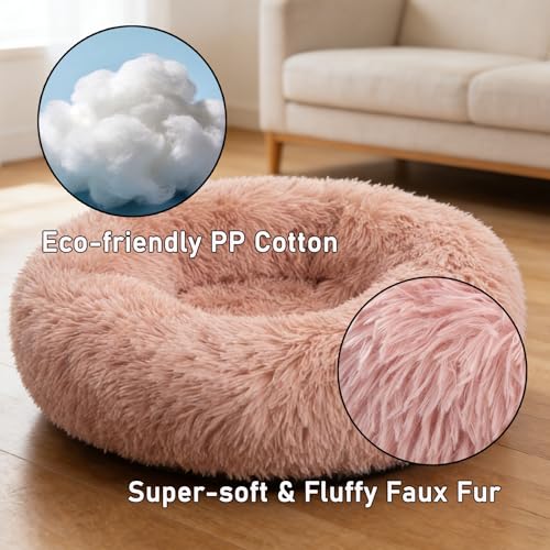 Calming Donut Dog Beds for Small Dogs Kitten - Washable Removable Cover Non-Slip Bottom, Round Pet Bed Puppy Bed Warming Fluffy Faux Fur Anti-Anxiety, Fits up to 15 lbs (Blush, 20") - color: Blush, size: 20"L x 20"W x 8"Th