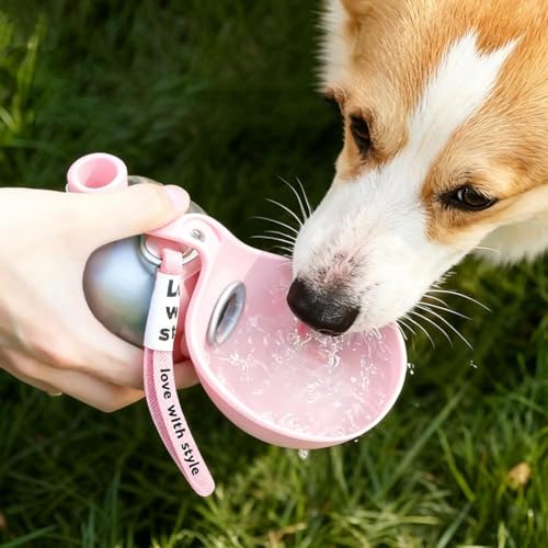 Dog Water Ball,Dog Water Bottle with Bowl,2-in-1 Portable Foldable DogWaterBottle,Leak-Proof,304 Stainless Steel Large-Capacity Cup with Foldable Silicone Bowl,Perfect for Travel - color: Pink