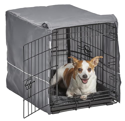 MidWest Homes for Pets Double Door 24-inch Dog Crate Kit, Bundle Includes a Two-Door Cage, Matching Gray Bed and Crate Cover, For Small Breeds