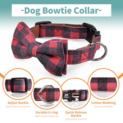 IVY&LANE Dog Collar with Bowtie and Leash Set | Plaid Adjustable Dog Collar | Detachable Bow Tie |5 FT Dog Leash | for Small Medium Large Dogs | Checkered Red | Small - color: Checkered Red, size: S