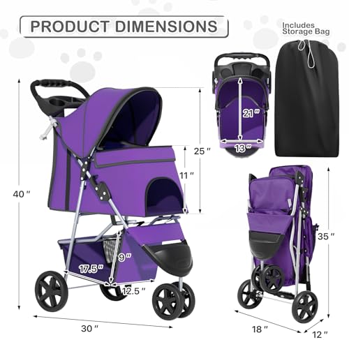MoNiBloom 3 Wheels Pet Dog Cat Stroller for Small Medium Dogs Cats, Lightweight Foldable Jogger Stroller w/Storage Basket and Cup Holder, Purple - color: Purple