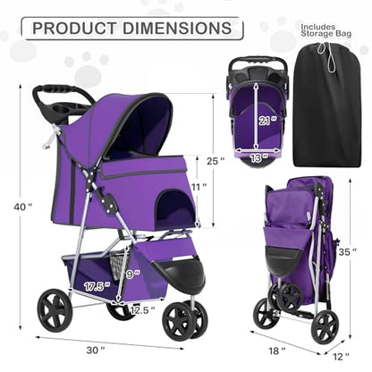 MoNiBloom 3 Wheels Pet Dog Cat Stroller for Small Medium Dogs Cats, Lightweight Foldable Jogger Stroller w/Storage Basket and Cup Holder, Purple - color: Purple