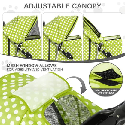 MoNiBloom 3 Wheels Pet Dog Cat Stroller for Small Medium Dogs Cats, Foldable Jogger Stroller w/Storage Basket and Cup Holder, Lawn Green Polka Dots - color: Lawn Green Polka Dots