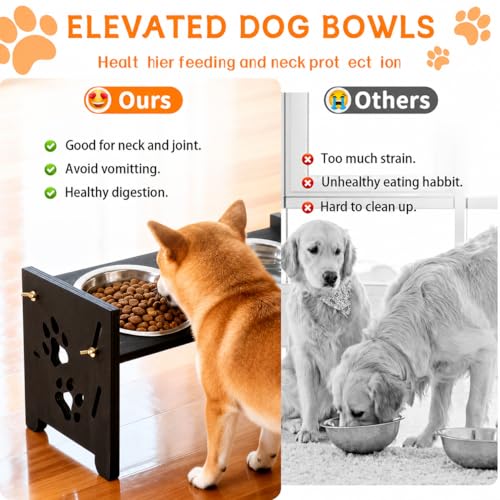 Elevated Cat Bowls, Adjustable Raised Pet Bowls with 2 Stainless Steel Bowls, Wooden Feeding Stand for Cats and Small Dogs, Double Food and Water Feeder, 500 ml Each Bowl, Black