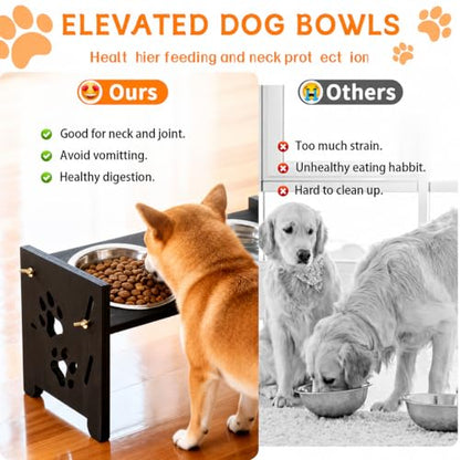 Elevated Cat Bowls, Adjustable Raised Pet Bowls with 2 Stainless Steel Bowls, Wooden Feeding Stand for Cats and Small Dogs, Double Food and Water Feeder, 500 ml Each Bowl, Black