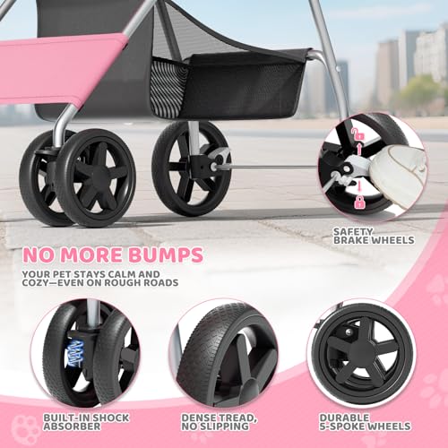 Magshion Foldable Pet Stroller, 3-in-1 Dog Travel Jogger with Detachable Carrier, Cup Holder, Storage Basket, Folding Carrier for Small/Medium Dogs & Cats Up to 33 lbs, Pink - color: Pink, style: Up to 33 lbs