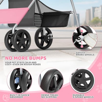 Magshion Foldable Pet Stroller, 3-in-1 Dog Travel Jogger with Detachable Carrier, Cup Holder, Storage Basket, Folding Carrier for Small/Medium Dogs & Cats Up to 33 lbs, Pink - color: Pink, style: Up to 33 lbs