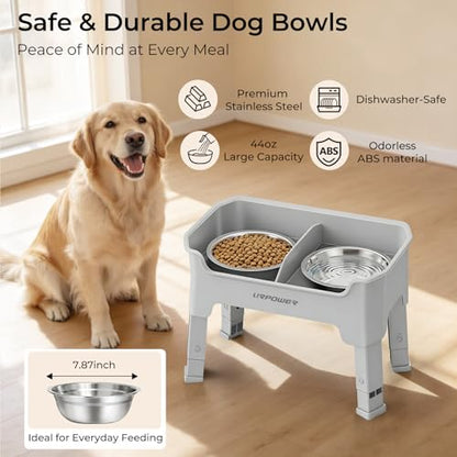 URPOWER Mess Proof Elevated Dog Bowls, High Wall Splash Guard Design, 4 Height Adjustable Raised Bowl Stand, 2 Stainless Steel Bowls, Non-Slip Food Water Set for Small Medium Large Dogs - color: Light Grey, size: Medium