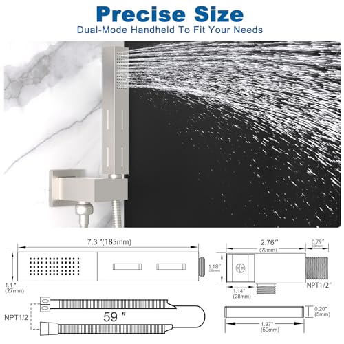 2 Settings Models Handheld Shower Head Sprayer High-Pressure with 59" Long Flexible Hose, Square 2 in1 Solid Brass Adjustable Shower Wand Replacement Kit, Brushed Nickel - color: Brushed Nickel