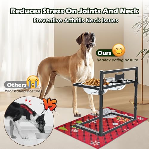 SHAINFUN Christmas Elevated Dog Bowls for Large Breeds with Mat, Adjustable Height, Tall Raised Dog Food Water Bowl Stand Gift for Dogs - size: X-large dogs with Christmas Mat