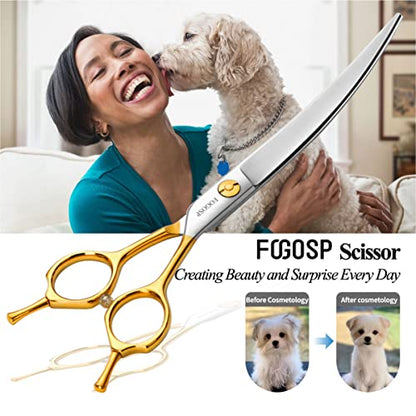Curved Dog Grooming Scissors Professional 7" Grooming Shears for Dogs Pet Right Handed Groomer Japan 440C Stainless Steel (7 in Curved, Gold) - size: 7 inch, style: Curved