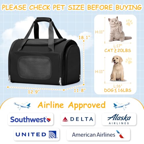 Cat Carrier Soft, Pet Dog Carrier Soft-Sided Airline Approved, Pet Travel Carrier Up to 20lbs, Collapsible Cat Carrier Dog Carrier for Medium Cats Small Dogs, Black - color: Black