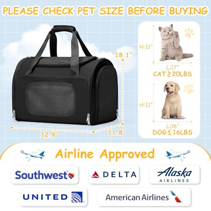 Cat Carrier Soft, Pet Dog Carrier Soft-Sided Airline Approved, Pet Travel Carrier Up to 20lbs, Collapsible Cat Carrier Dog Carrier for Medium Cats Small Dogs, Black - color: Black