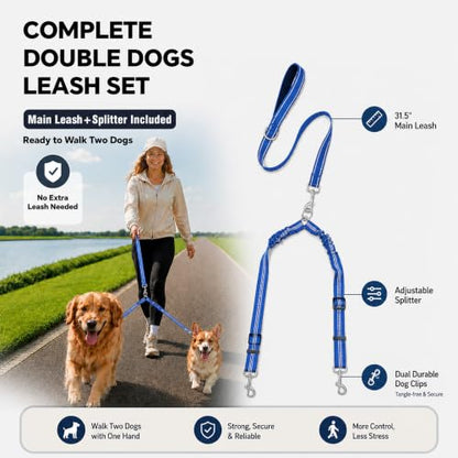 Double Dog Leash for Two Dogs, Complete Set with 31.5" Main Leash + Adjustable Splitter, Padded Handle, D-Ring, 360° Swivel, Shock-Absorbing Bungee, Reflective for Small Medium Large Dogs (Blue) - color: Blue