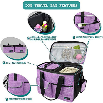 PetAmi Dog Travel Bag Organizer, Pet Travel Kit with 2 Food Containers & 2 Collapsible Dog Bowls, Pet Supplies Tote with Luggage Sleeve, Weekend Road Trip Camping Essentials, Purple, Medium - color: Purple, size: Medium - 14.5"L x 8"W x 12.0"H
