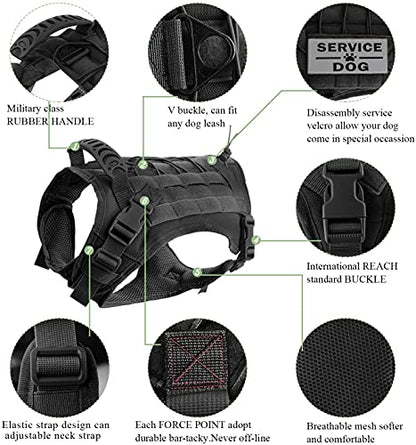 Tactical Dog Harness Vest with Pouches Training Outdoor Military K9 Harness Tactical Vest Detachable Medicine & Water Bags, 3 Patches - color: Black, size: Large (Pack of 1)