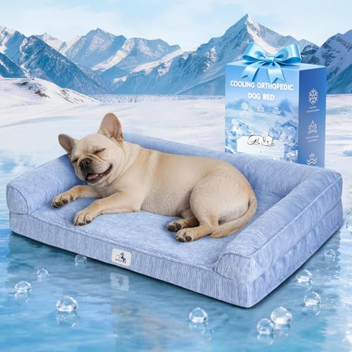 Cooling Dog Bed for Small Dogs, Orthopedic Dog Bed with Pillow Memory Foam Waterproof Couch Removable Cover Washable Nylon Pet Sofa with Non Slip Bottom Indoor Outdoor (30" Blue) - color: Glacier Blue, size: 30x20x6inch