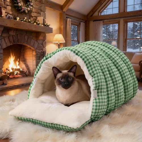 Small Cat Dog Cave Bed Calming Pet Nest Warm Plush Covered Cat House with Hooded Blanket Removable Hooded Blanket Cushion Washable Soft Calming Indoor Cat Bed(Green, Small) - color: Green, size: Small