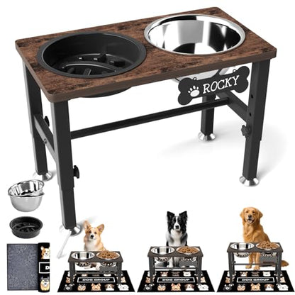 SHAINFUN Elevated Dog Bowls with Slow Feeder & Mat for Medium and Large Dogs, 12" Tall Adjustable Wooden & Metal Raised Dog Bowl Stand, 2 Stainless Steel 58oz Bowls for Food & Water - color: Brown-1.7L
