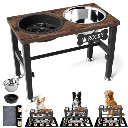 SHAINFUN Elevated Dog Bowls with Slow Feeder & Mat for Medium and Large Dogs, 12" Tall Adjustable Wooden & Metal Raised Dog Bowl Stand, 2 Stainless Steel 58oz Bowls for Food & Water - color: Brown-1.7L