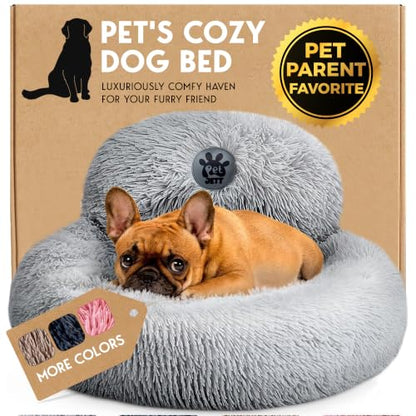 PetJett Small Dog Bed - 23'' Round Dog Beds, Calming Puppy Bed - Anti-Slip & Washable Super Soft Fluffy Plush Faux Fur Pet Bed, Anti-Anxiety Premium Comfort Donut Bed,Fits Dogs upto 25 lbs,Bright Gray - color: Bright Grey, size: Small - 23”L x 23”W x 8”Th
