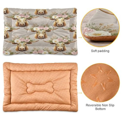 Floral Cow Pattern Pet Bed Mat for Dogs and Cats, Soft Washable Crate Pad with Non-Slip Bottom, Cozy Bed Cushion for Small Medium Large Pets, 24x36 Inch - size: Medium