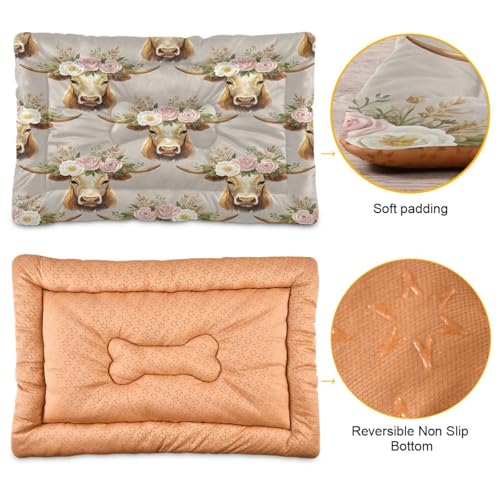 Floral Cow Pattern Pet Bed Mat for Dogs and Cats, Soft Washable Crate Pad with Non-Slip Bottom, Cozy Bed Cushion for Small Medium Large Pets, 18x24 Inch - size: Small