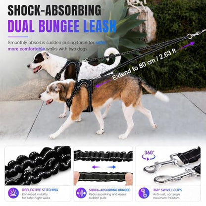 Double Retractable Dog Leash for Two Dogs Up to 50 lbs - 16 ft Coupler Leashes for Small Medium Dogs - One Locked System, Non Slip Grip, Tangle Free (Purple) - color: Purple