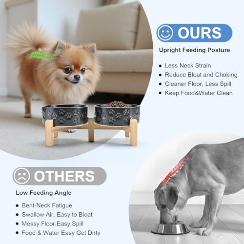 SPUNKYJUNKY Elevated Dog Bowls Ceramic, 5.1'' Dogs and Cat Food Water Bowls Raised with Non-Slip Bamboo Stand for Puppy Small Sized Breed Microwave Dishwasher Safe - 13.5 OZ,Paw Black - color: Paw Black, size: 5.1 in - 1.7 cups