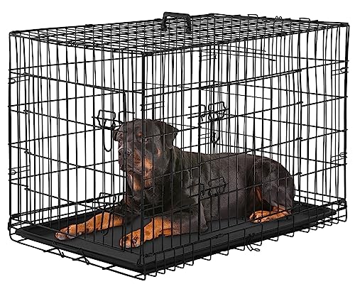 PayLessHere Large Dog Crate Kennel for Medium Large Dogs Metal Dog Cage Double-Door Folding Travel Indoor Outdoor Puppy Playpen with Divider and Handle Plastic Tray (42 Inch, Black) - color: Black, size: 42.0"L x 26.0"W x 28.0"H