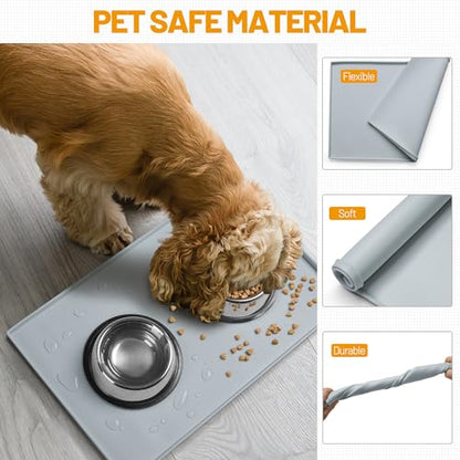 Hubulk Dog Feeding Mat,100% Waterproof Food Grade Silicone Pet Food and Water Bowl Placemat,Dishwasher, High Raised Edge to Prevent Spills,Nonslip Tray to Stop Messes on Floor（19"x12"x0.5", Mist） - color: Mist, size: 19"l X 12"w