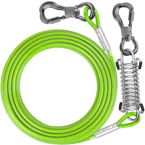 30FT Dog Tie Out Cable Lead with Shock Spring for Medium Large Dogs | Shock-Absorbing; 500LBS Tensile Strength; Strong Stainless Steel Core; 360° Swivel Locking Hook; Anti-Rust Vinyl Coating - color: Fluorescent Green, size: 30FT