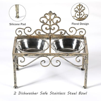 Elevated Dog Bowls for Large Dogs, Metal Raised Dog Feeder, Lifted Dogs Dish Stand with Double Stainless Steel Bowls for Food and Water, Antique Gold Finish Tall Dog Bowl Stand - Height 8.78" - size: 8.78" Height Antique Gold