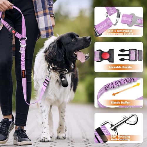 Removable Dog Seat Belt Harness for Car, 3 in 1 Pet Dog Car Seatbelt Leash, Retractable Restraint Secures to Vehicle Headrest & Adjustable Reflective Bungee Dog Seatbelt Tether, Purple and Black - color: Black+Purple
