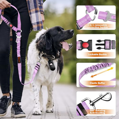Removable Dog Seat Belt Harness for Car, 3 in 1 Pet Dog Car Seatbelt Leash, Retractable Restraint Secures to Vehicle Headrest & Adjustable Reflective Bungee Dog Seatbelt Tether, Purple and Black - color: Black+Purple