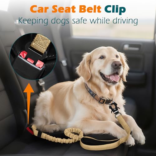 PetBonus Heavy Duty Tactical Dog Leash, 5 FT Bungee Shock Absorption Leash with 2 Padded Handles, Quick Release Metal Clip, Car Seatbelt, No Pull Training Lead for Large Medium Dogs（Khaki） - color: Khaki