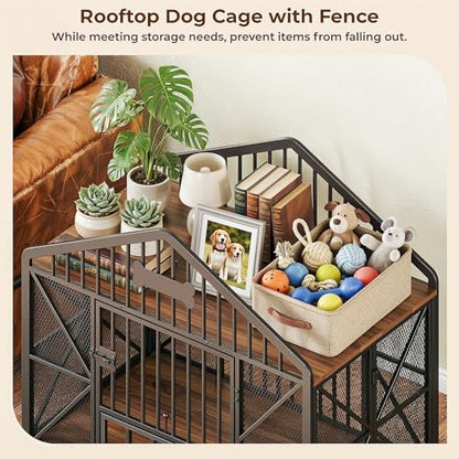 IRONCK 41.5" Foldable Dog Crate Furniture, No Assembly Required Dog Kennel Indoor with 5 Wheels, Wooden Dog Cage with 2 Rotatable Dog Bowls & Name Tag for Small/Medium Dogs, Rustic Brown