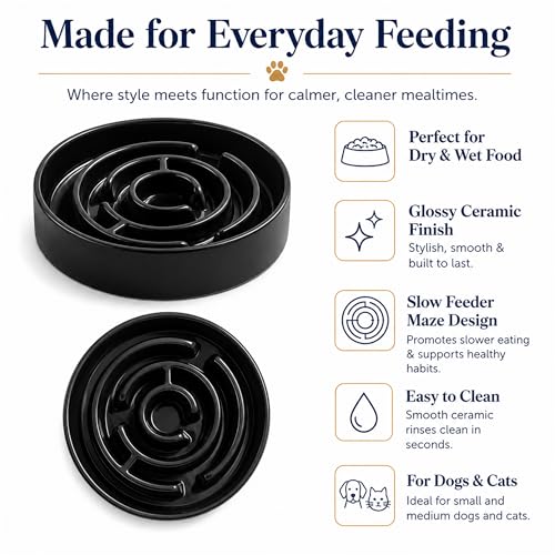 Slow Feeder Dog Bowls, Silicone Dog Bowl with Anti-Slip, Slow Feeder & Non-Slip Design, Boredom and Anxiety Reducer, Suitable for All Breed Dogs and Cat (Ceramic-Black) - color: Ceramic-Black