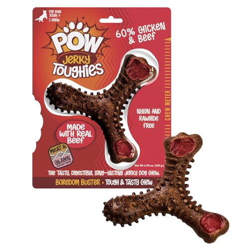 POW Jerky Toughies Tri-Bone Beef Dog Chew, Rawhide-Free & Nylon-Free, Real Beef & Collagen, Dental Texture, for Moderate Chewers and Dogs Over 30 lbs, 1 Count