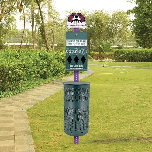 Rust-Proof Aluminum Dog Pet Waste Station Outdoor, Poop Bag Dispenser, Cute Purple Dog Sign & Post, Large Lidded Trash Can, 400 Bags & 25 Can Liners, Purple & Green - color: Purple | Matte Green