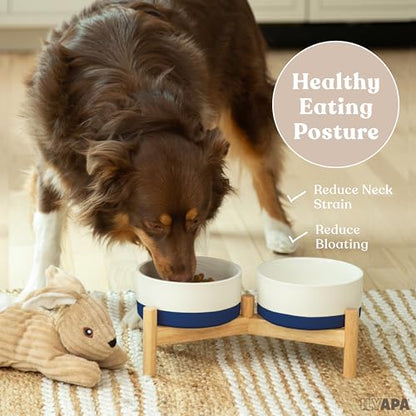 Ilyapa Ceramic Dog Bowls - Elevated for Medium Sized Pet with Raised Food and Water Set - Blue Double 6 inch, 28 Oz Bowls & 13x6.3x5.5 Wooden Stand - color: Blue