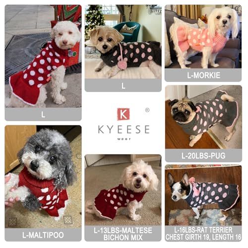 KYEESE Dog Sweater Dress Polka Dot Turtleneck Dogs Sweaters for Girl with Leash Hole Knit Pullover with Pom Pom Ball - color: 02# Polkadot (Grey), size: Large (13-19lbs)